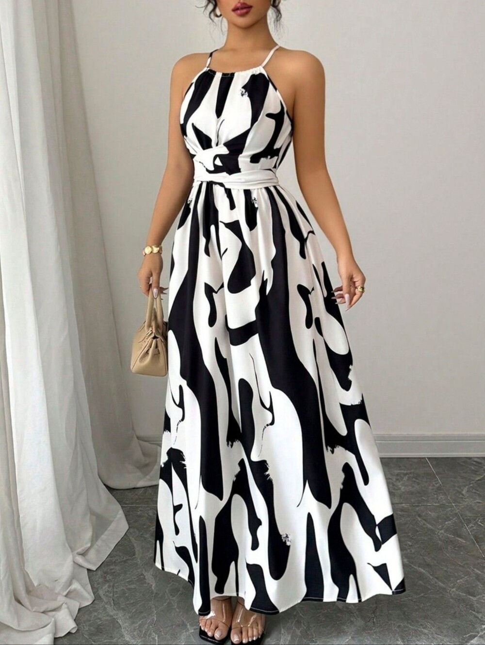 Sleeveless Abstract Print Halter Neck Maxi Dress in Ivory and Black